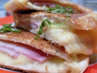 Inside out bun ham and mustard grilled cheese and fresh basil