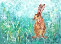 Rabbit in Turquoise Field. High resolution. My own original watercolour painting