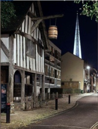 The Medieval Merchant's House and the spire of St Michael's Church in Southampton. The old with the new.