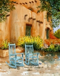 Southwestern Adobe with Turquoise Chairs by Debi Garcia Benson