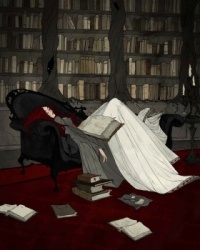 bb asleep in the library by Abigail Larson