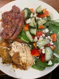 Roast chicken, mashed purple and sweet potatoes with parsnips, and salad of cucumber, red peppers, and spinach with feta cheese