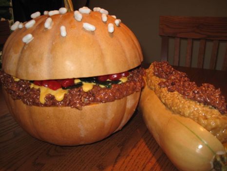 A hamburger and chili dog for fall