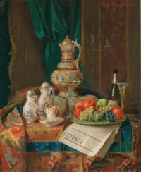 A Still Life with a Historicist Ewer, a Plate of Fruit and a Newspaper (1884) Josef Mansfeld (Austrian, 1819-1894)