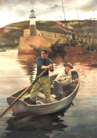 E. Burnett (English, early 20th century), Fishermen in a Rowing-Boat near the Coast of Cornwall (1902)