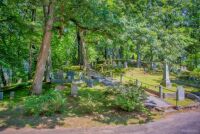 Sleepy Hollow Cemetery in Concord, Massachusetts, shows the path leading to Authors' Ridge, where Henry David Thoreau, Nathaniel Hawthorne, Ralph Waldo Emerson, and Louisa May Alcott are buried
