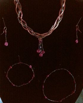 beaded copper and magenta wire set