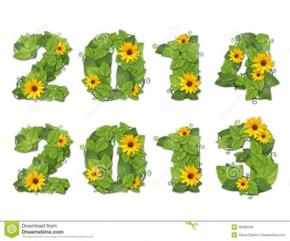 new-year-date-lined-green-leaves-drops-dew-yellow-flowers-isolated-white-background-32938446