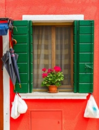 Door and windows and flowers, Island Burano, Venice, Italy