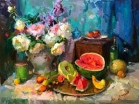 Still Life with Fruit and Flowers ~ Ovanes Berberian( Russian-Armenian, 1951...actively residing in USA))