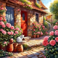 White Cat and Pink Roses, resizable 9 to 483 pieces