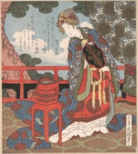 Lady with Fan Standing on Verandah by Yashima Gakutei