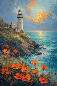 Lighthouse Sunrise Coast Scenery by Valeraine Leblond