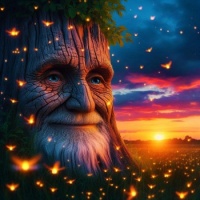 Charles the Guardian of the land, at sunset with fireflies dancing