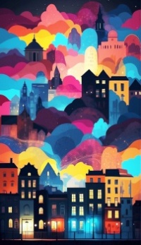 Silhouettes of colorful city buildings and landmarks