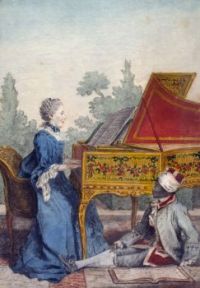 Mademoiselle Desgots playing the harpsichord, with her negro Laurent.
