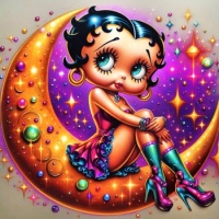 Betty Boop hanging out on a celestial crescent moon