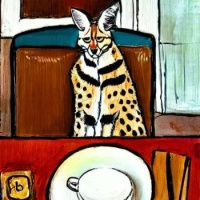 Serval at a cafe table