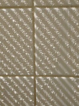 Wet shower tile with sunlight through the blinds