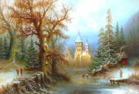Romantic Winter Landscape with Ice Skaters by a Castle