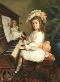 Nicholas Chevalier (1828-1902) Australian Portrait of Miss Winifred Hudson as a Young Girl, seated at a piano, her doll nearby,