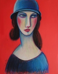 Mujer de antaño con sombrero azul