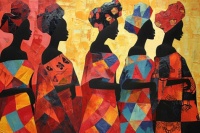 African painting of ladies in colorful dresses