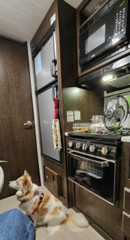 Mabel in the travel trailer
