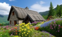 Stone cottage and wildflowers