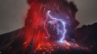 Volcanic eruption with lightning