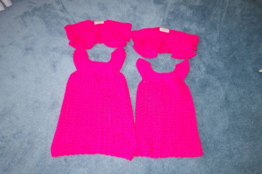 Matching Hot Pink crochet jumpers and shrugs