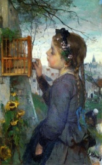 The Girl feeding her Bird in a Cage