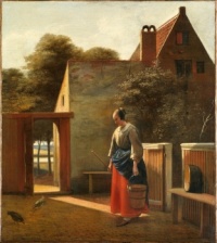 A maid with a bucket in a backyard