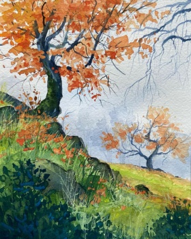 Solve Autumn Forest by Leonid Afremov jigsaw puzzle online with 63 pieces