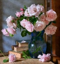 Pink Roses in a Blue Vase
