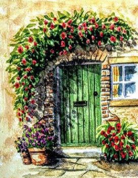 Green door,  and pretty flowers! watercolour painting .