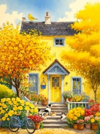 Yellow House With Dog and Cats and Blue Bike....