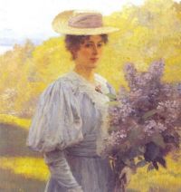 Young Woman with Lilacs by Hans Gude