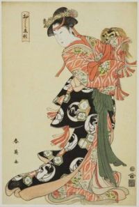 Kisoi jishi, Lion Contest. Woman holding lion mask. Series Oshiegata (Raised picture patterns), Kabuki dances
