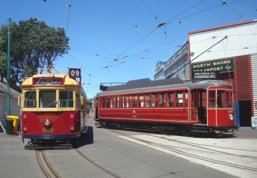 Trams 248 and 906 at MOTAT, Auckland, New Zealand.