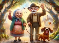Elderly Couple Walking The Dog