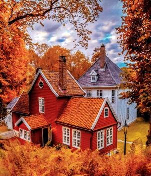 Colorful Autumn and Old Wooden Houses at Bergen, Norway....