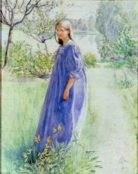 "Girl In A Blue Dress", A Watercolour By Carl Larsson  Swedish Artist Representative of the Arts and Crafts Movement.