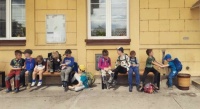 Kids at train staition, Libice, Bohemia, Czech Republic