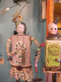 Unusual Vintage Altered Talcum Powder Tin Dolls