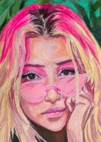 Pink haired girl painting portrait