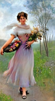 Girl in Lilac Coloured Dress with Bouquet of Flowers ~ Eugee von Blaas (Italian, 1843-1932)