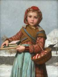 School girl with slate board and sewing basket