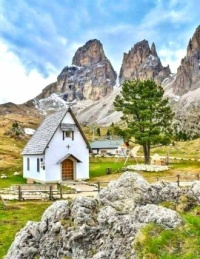 Little Hiker's Chapel High In the Dolomite Mountains....