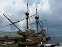 The Mayflower under stormy skies